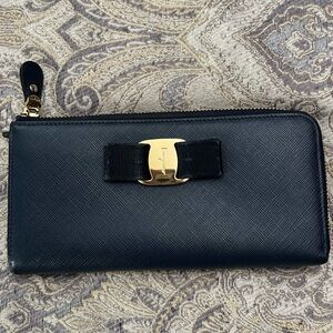 $700 FERRAGAMO LONG WALLET, Navy, excellent condition and immaculate interior
